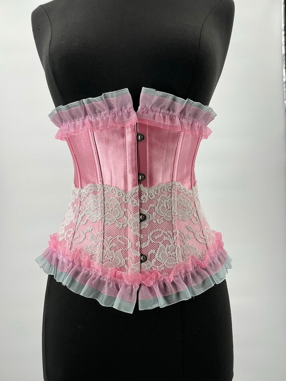 Pink Satin White Lace Ruffle Underbust Corset Busk Lace-Up Small